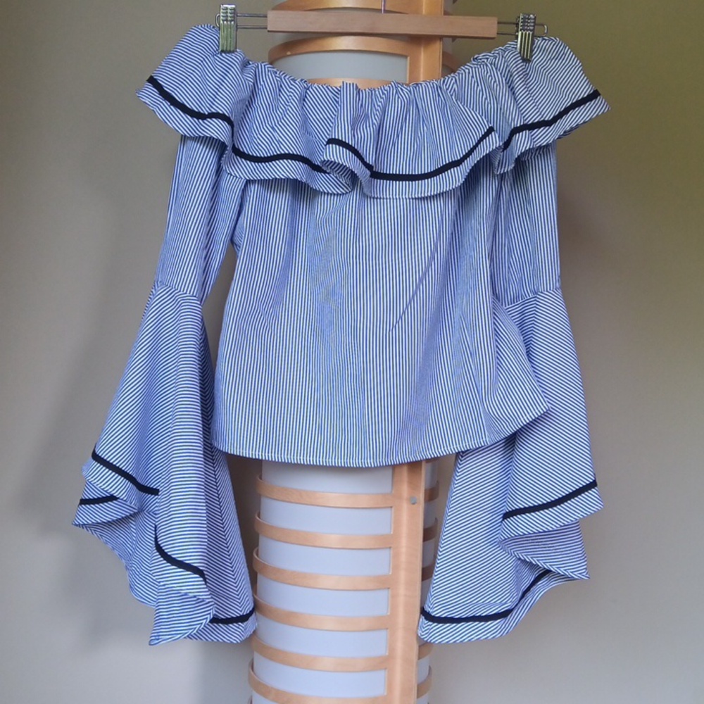Ptp19" Striped Off-Shoulder Ruffled Blouse with Flared Sleeves - Picture 6 of 12